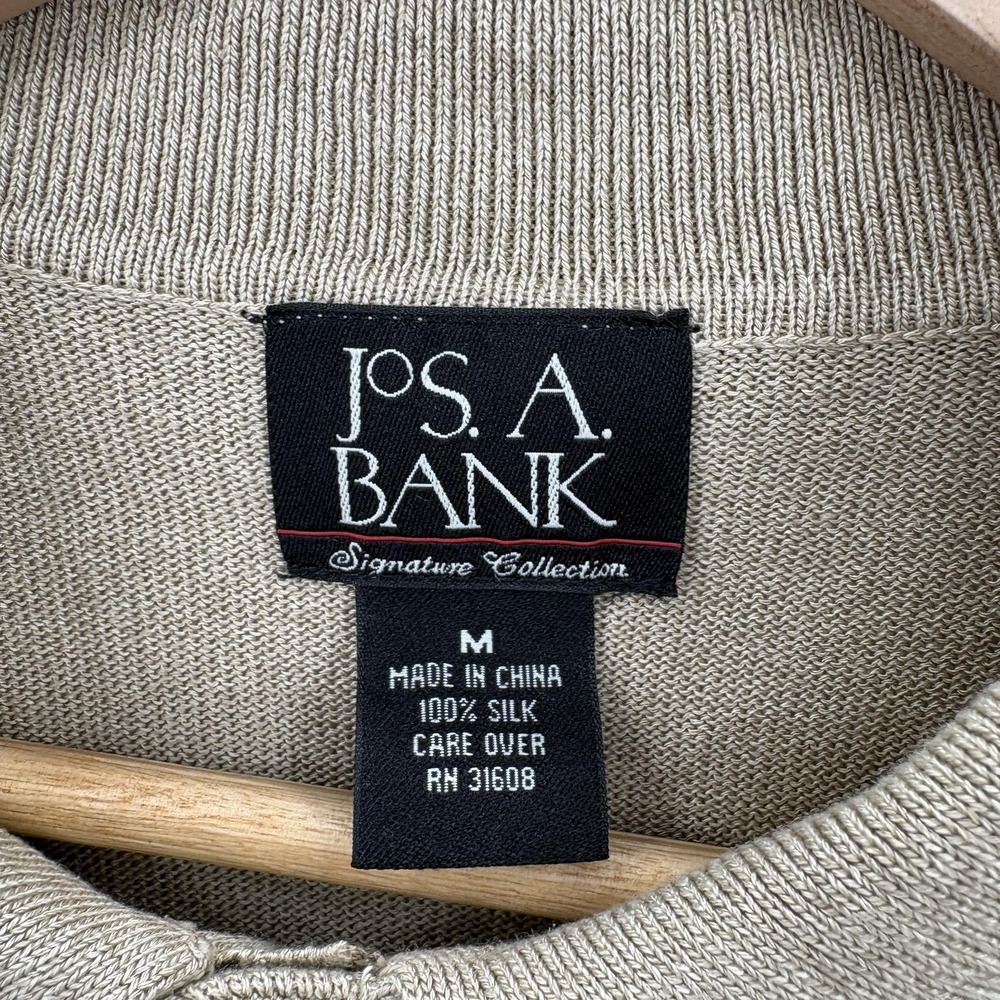Jos A Bank Sweater Mens Medium Tan 100% Silk Long Sleeve Polo Pullover Knit - Picture 3 of 10